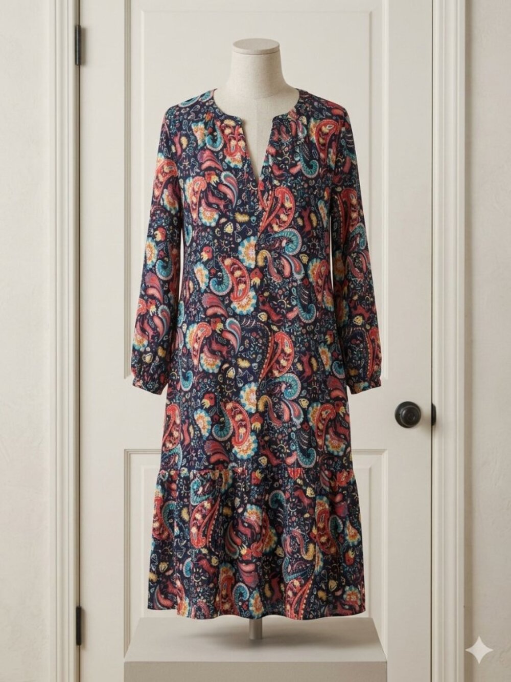 LOFT Black Paisley Midi Dress with Coral & Teal Accents